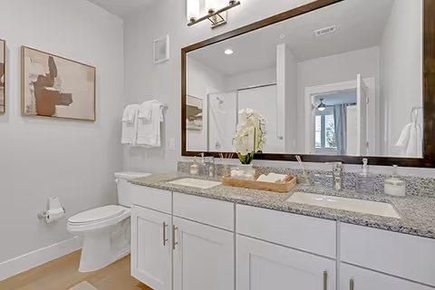 Modern bathroom with a double-sink granite vanity, large framed mirror, toilet, and a glass-enclosed shower.