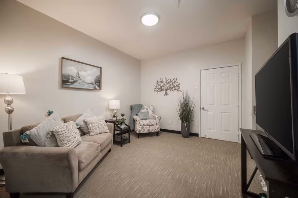 A cozy living room with a beige sofa adorned with decorative pillows, a patterned armchair with a throw blanket, a floor lamp, a table lamp on a small side table, a large flat-screen TV on a stand, a potted plant, and wall decorations including a framed picture of the Eiffel Tower and a metal tree sculpture.