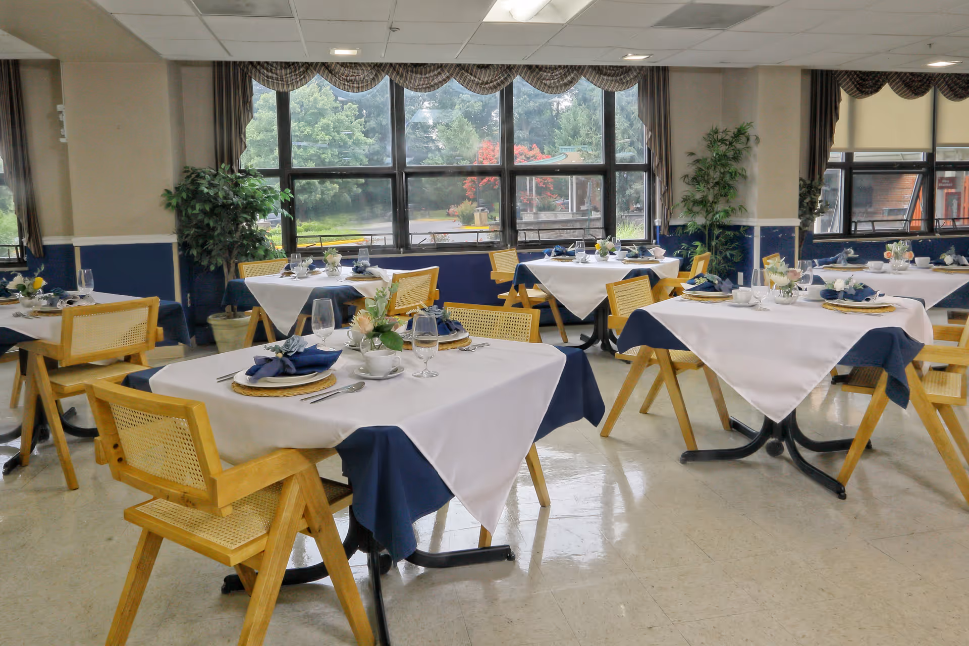 A dining room with multiple tables covered in white and navy blue tablecloths, each set with plates, napkins, glasses, and silverware. Wooden chairs with woven backs surround the tables. Large windows in the background show greenery outside, and there are potted plants inside near the windows.