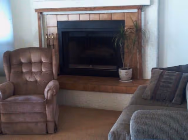 A cozy living room area featuring a brown upholstered armchair on the left and a gray sofa with patterned cushions on the right. In the center background is a fireplace with a tiled surround and a small potted plant placed on the hearth.