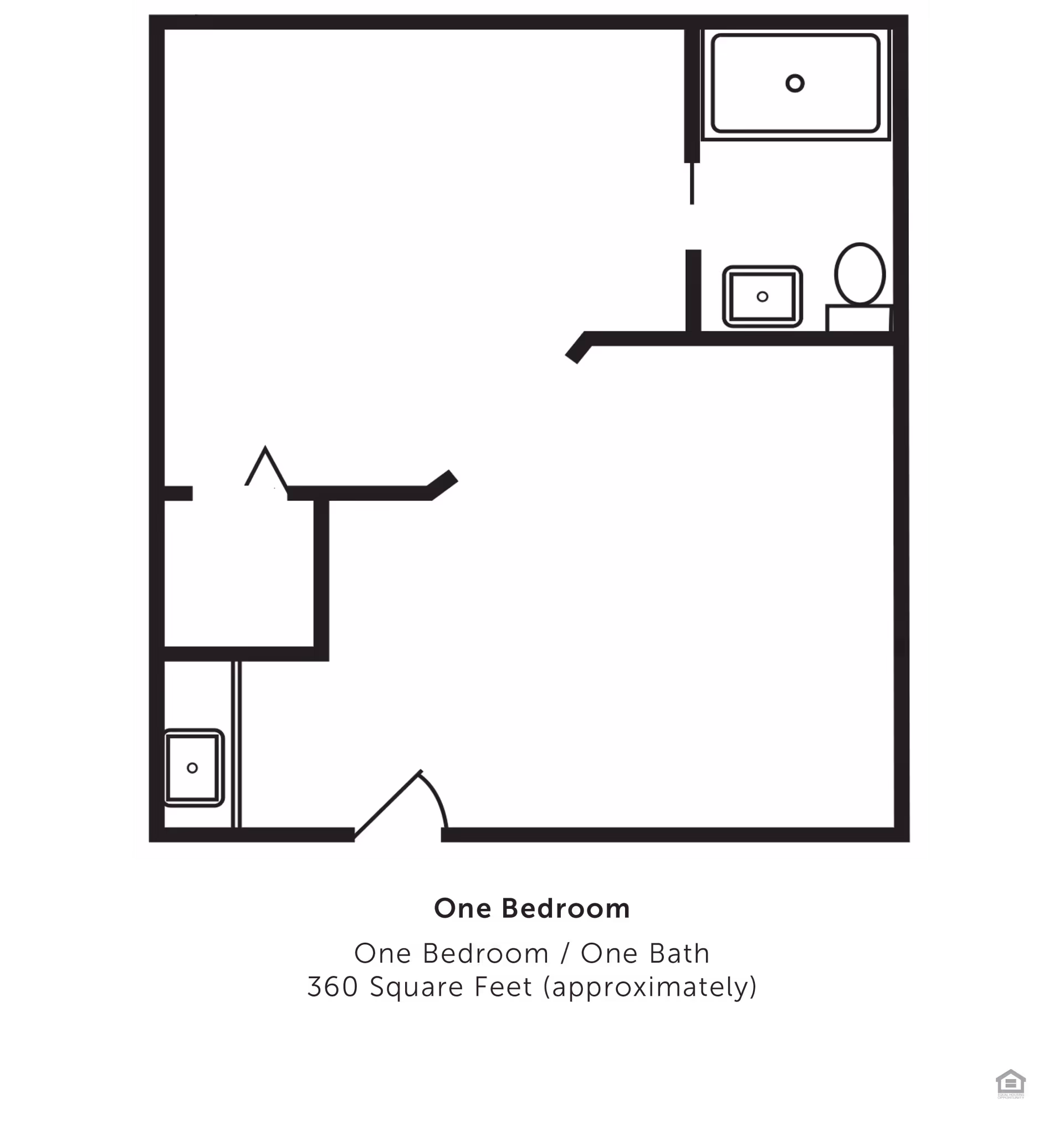 Black-and-white one-bedroom, one-bath floor plan diagram showing room layout and bathroom fixtures.