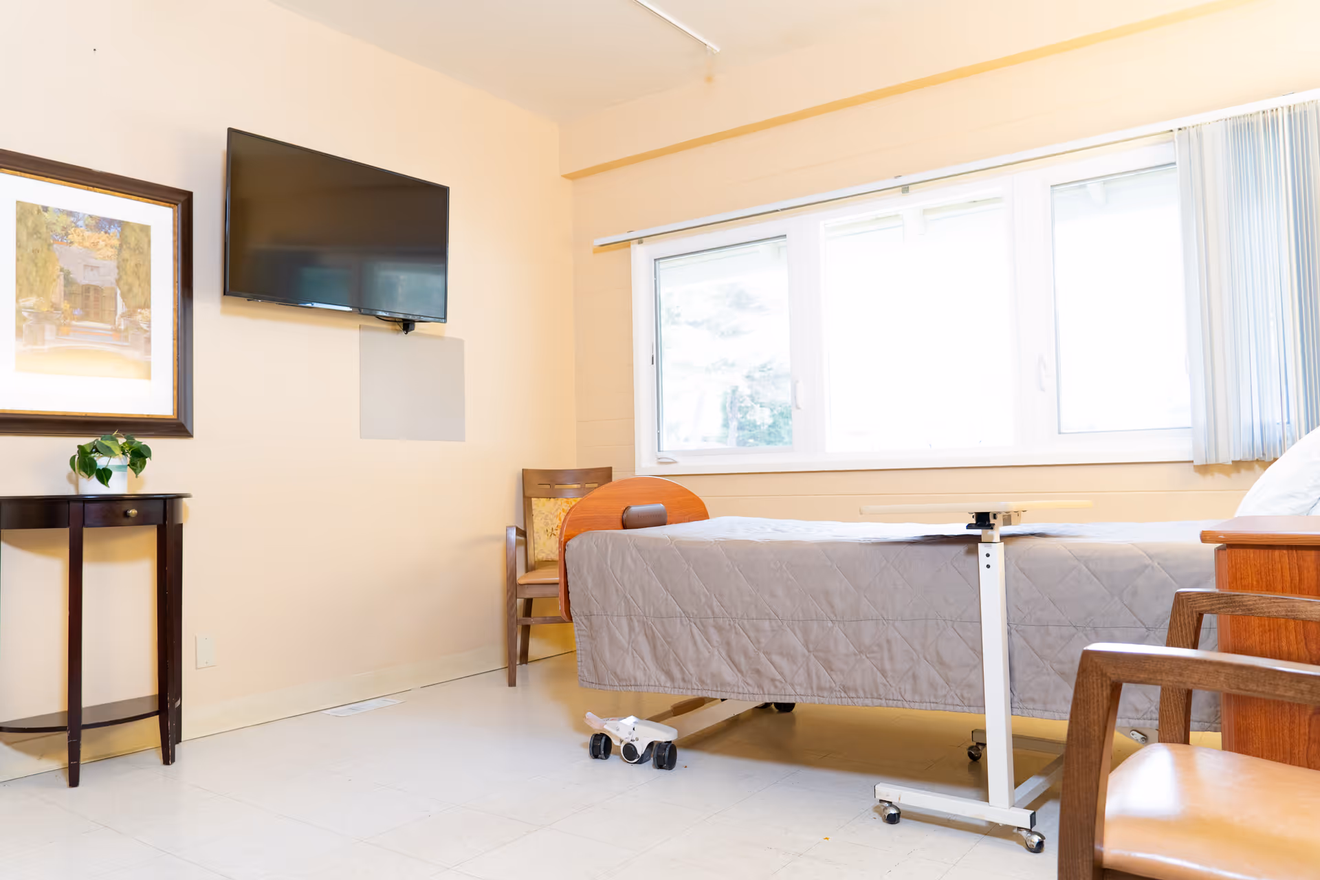 A bright room with a single bed covered in a gray quilt, positioned near a large window with vertical blinds. There is a wooden chair with a cushion next to the bed, a small dark wooden table with a potted plant and a framed picture above it on the wall. A flat-screen TV is mounted on the wall above the table. The floor is light-colored tile.