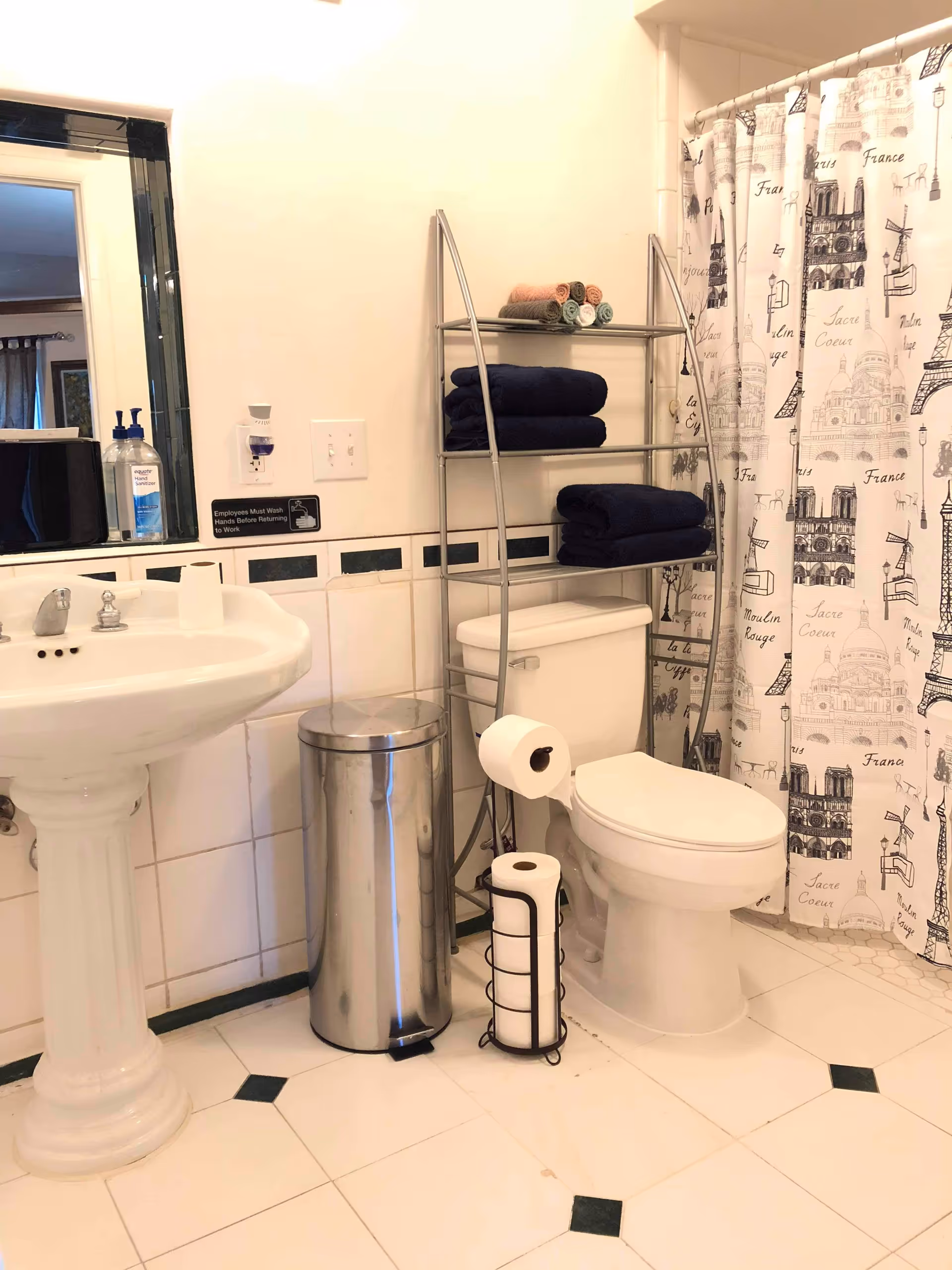 Bathroom with a pedestal sink, mirror, toilet, metal shelving with folded towels, trash can, toilet paper holder, and patterned shower curtain.