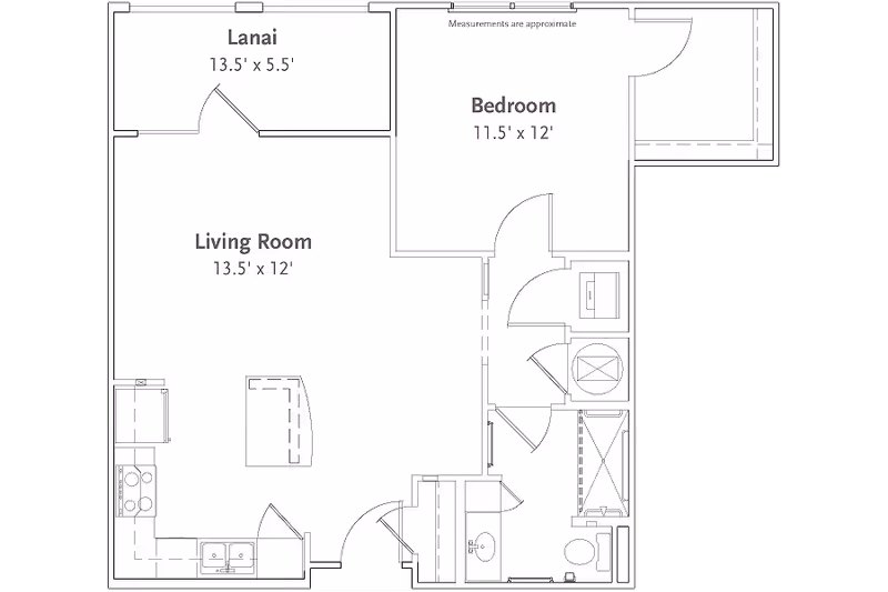 Architectural floor plan of a one-bedroom apartment at Sandalwood Village, showing a living room, bedroom, kitchen area, bathroom, and a lanai. Dimensions are provided for each room.