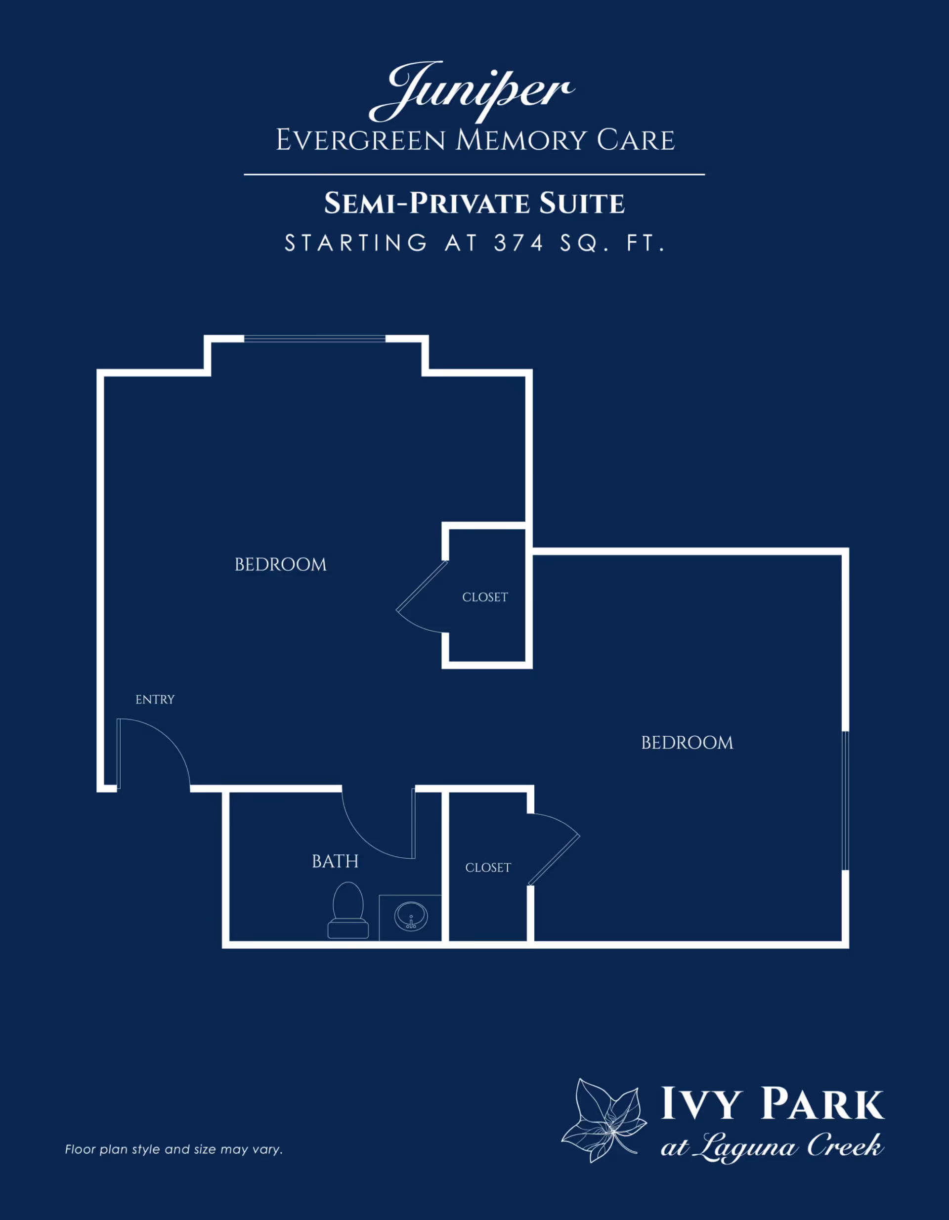 Floor plan of a semi-private suite at Ivy Park at Laguna Creek, showing two bedrooms, two closets, a bathroom with toilet and sink, and an entry area. The suite starts at 374 square feet.