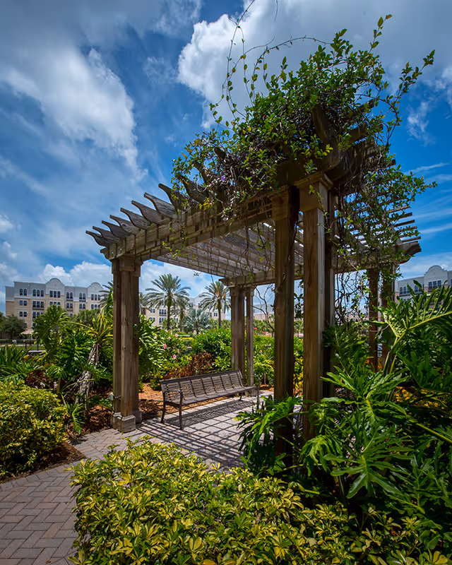 A wooden pergola with climbing plants and a bench underneath, surrounded by lush green foliage and tropical plants, with a clear blue sky and white clouds above. In the background, there are multi-story residential buildings and palm trees.