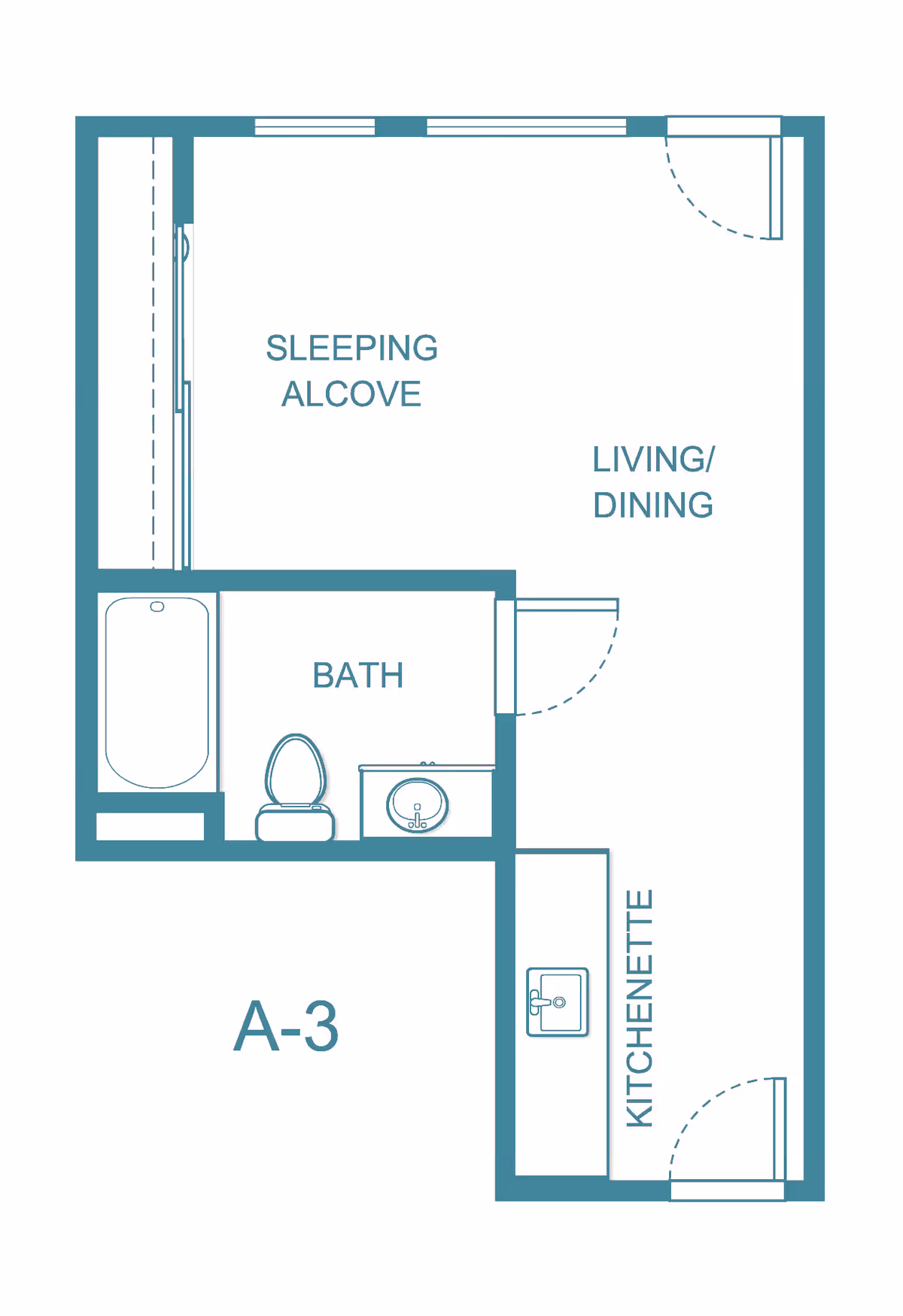 Floor plan layout of a senior living unit labeled A-3, showing a sleeping alcove, living/dining area, bath with bathtub, toilet, and sink, and a kitchenette with a sink.