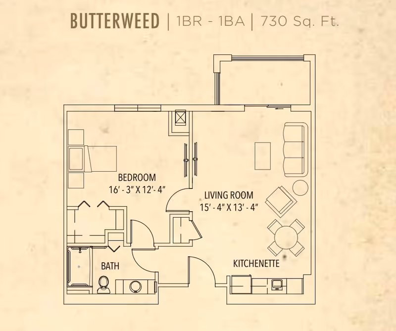 Floor plan of a one-bedroom, one-bathroom apartment named Butterweed with 730 square feet. The layout includes a bedroom measuring 16 feet 3 inches by 12 feet 4 inches, a living room measuring 15 feet 4 inches by 13 feet 4 inches, a kitchenette, and a bathroom.