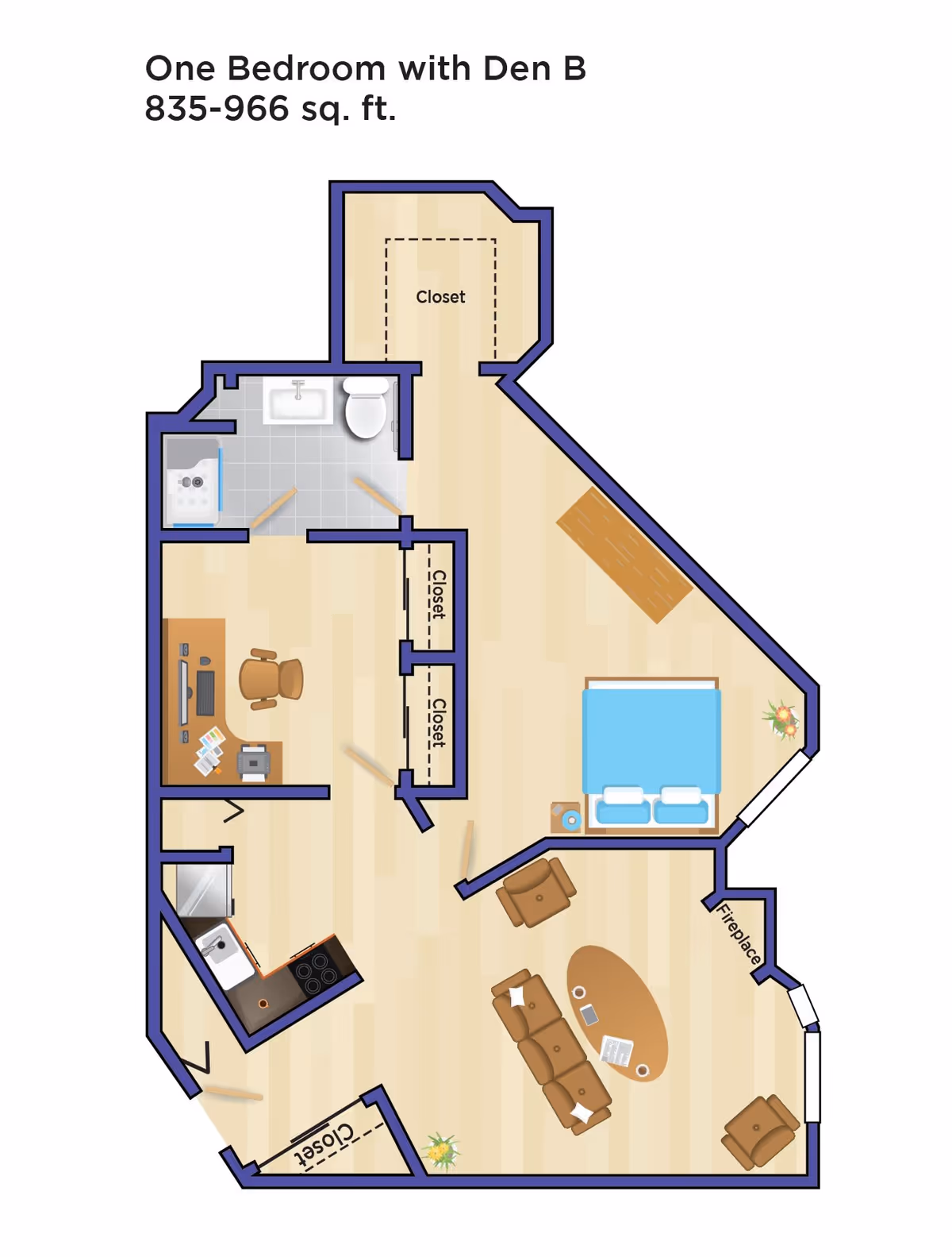 Floor plan of a one-bedroom apartment with a den, showing layout including bedroom, living room with fireplace, kitchen, bathroom, closets, and a den with a desk and chair. The total area is between 835 and 966 square feet.