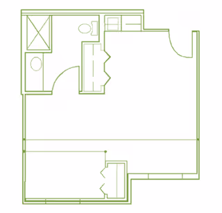 Architectural floor plan of a residential unit showing a bathroom with a shower, toilet, and sink, a closet, and an open living area with an entrance door.