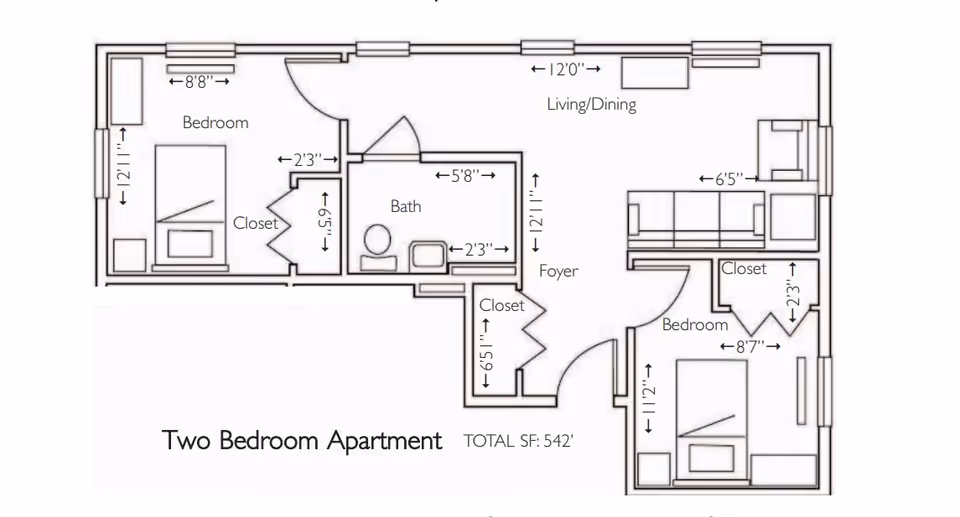 Floor plan of a two-bedroom apartment showing layout with dimensions. The apartment includes two bedrooms, a bathroom, closets, a foyer, and a combined living/dining area. Total square footage is 542.