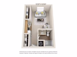 3D floor plan of a small apartment unit featuring a living room with a sofa, coffee table, and TV stand, a kitchenette with appliances and cabinets, a dining table with two chairs, a bathroom with a toilet and sink, and a separate shower area. The living room measures 11 feet 3 inches by 12 feet 6 inches.