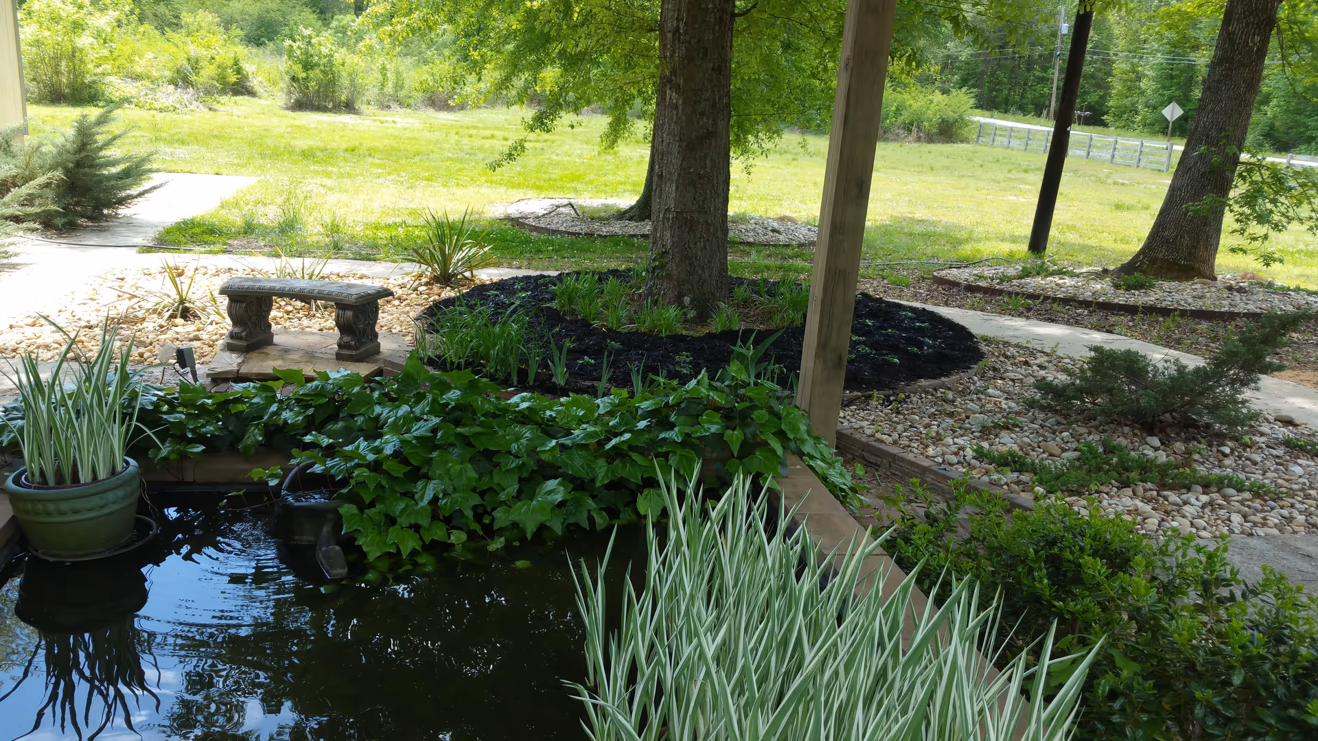 A peaceful outdoor garden area with a small pond surrounded by green plants and a potted plant on the edge. There is a stone bench on a stone-paved area, trees with mulch around their bases, and a grassy field in the background with a fence and a road visible.