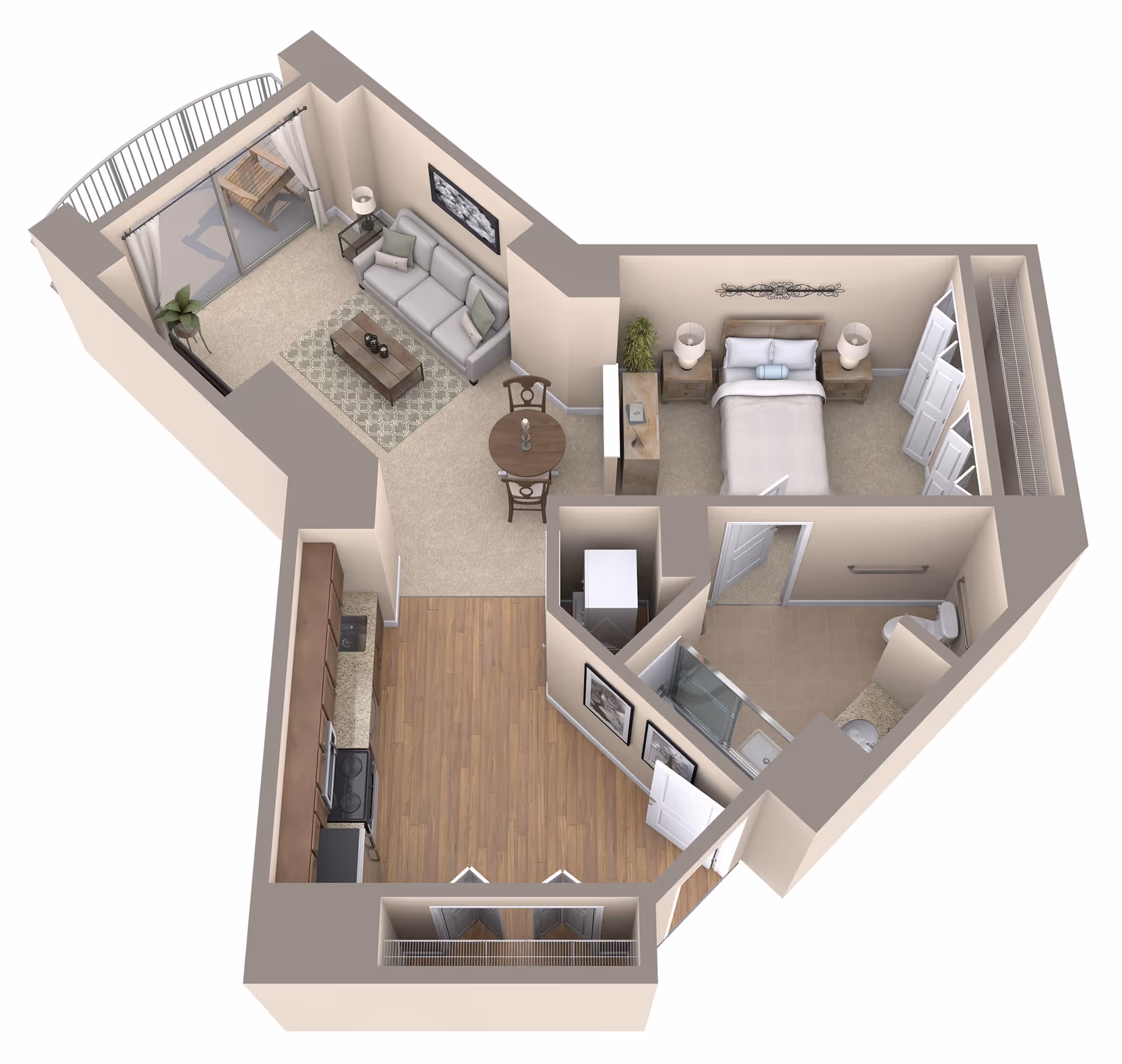 3D floor plan of a one-bedroom apartment at North Shore Place featuring a living room with a sofa, coffee table, and sliding glass door leading to a balcony, a small dining area with a round table and two chairs, a kitchen with appliances and wooden flooring, a bedroom with a bed, nightstands, and closets, and a bathroom with a shower, toilet, and sink.