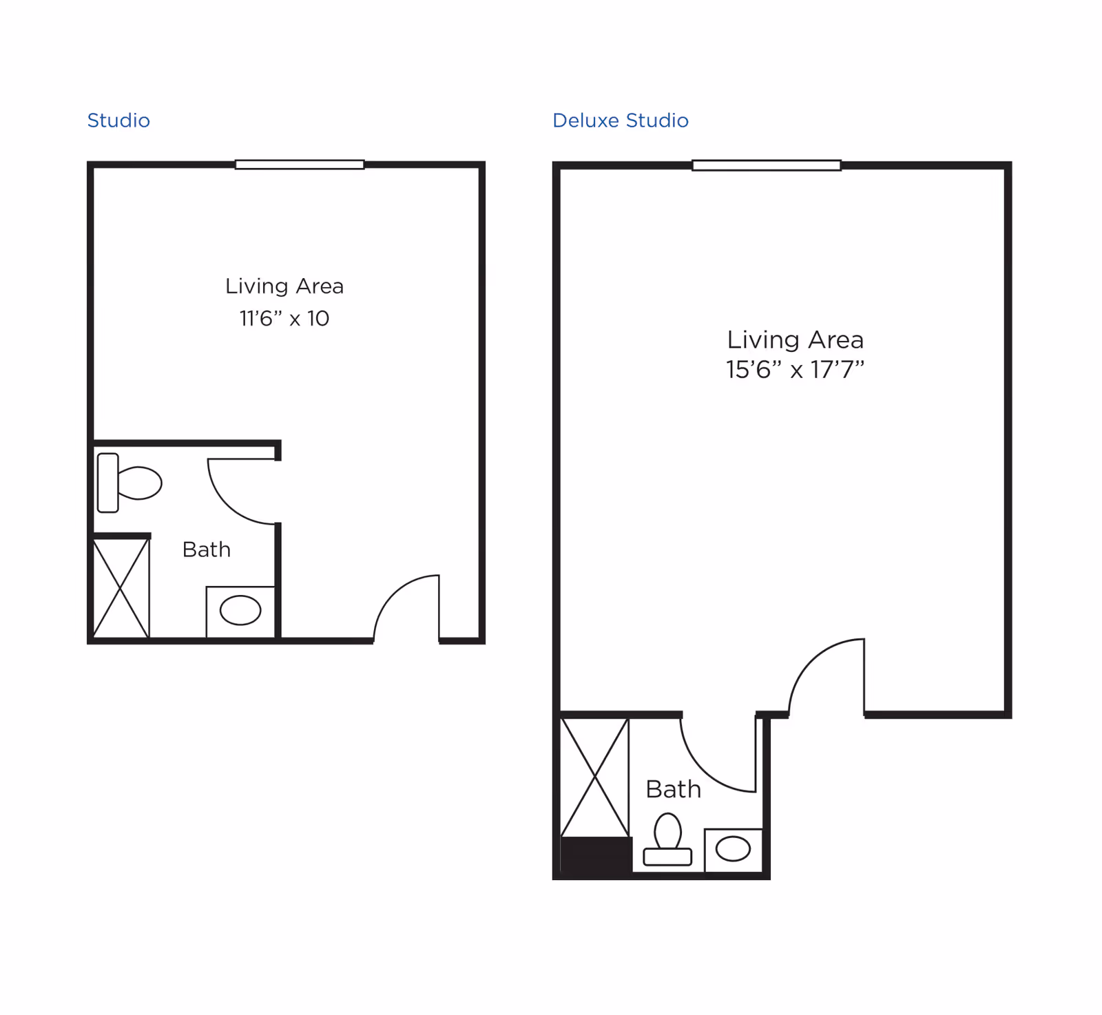 Floor plans for two types of studio apartments at Brookdale East Side. The first is a Studio with a living area measuring 11 feet 6 inches by 10 feet, and a bathroom with a shower, toilet, and sink. The second is a Deluxe Studio with a larger living area measuring 15 feet 6 inches by 17 feet 7 inches, and a bathroom with a shower, toilet, and sink.
