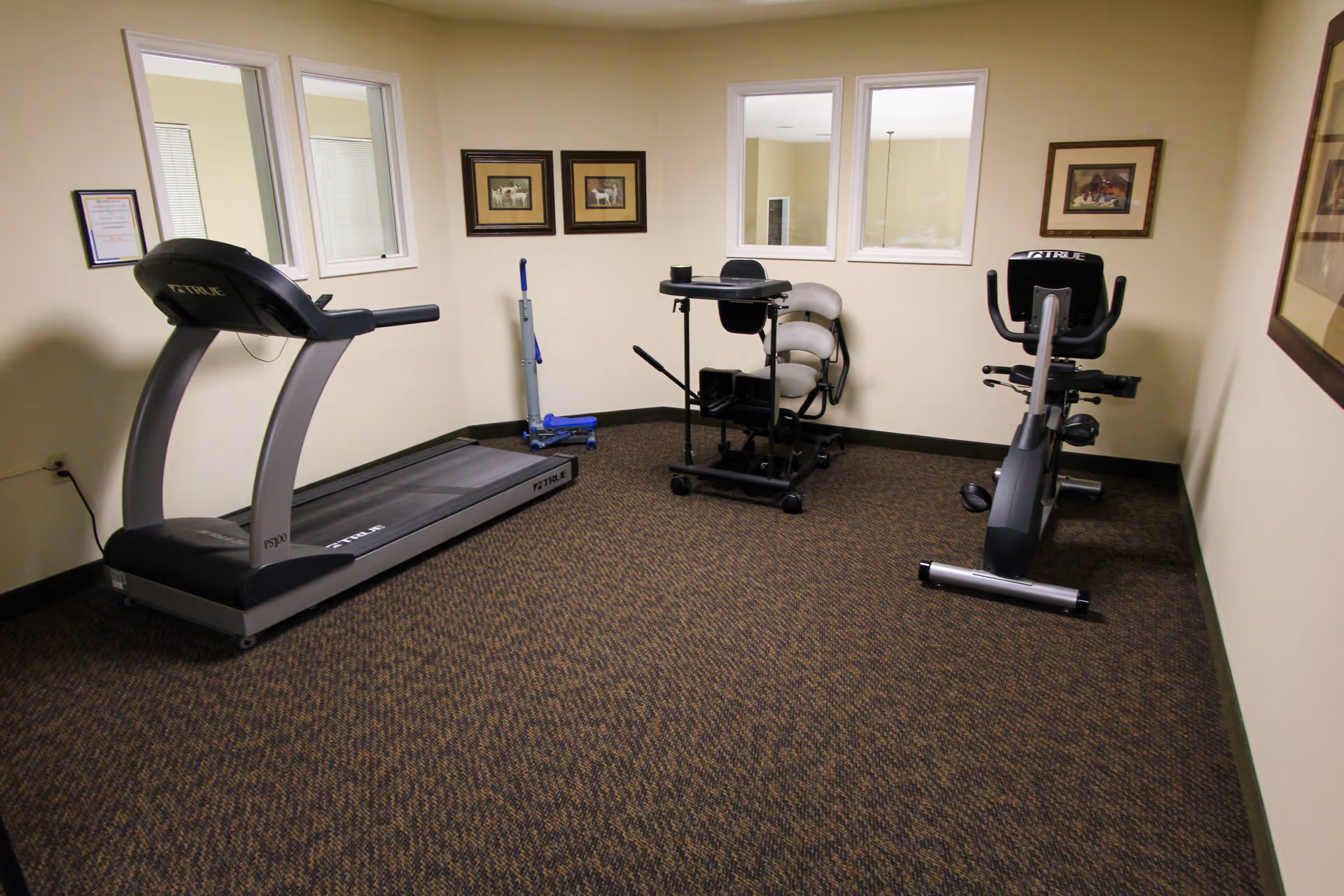 A small exercise room with a treadmill, a stationary bike, and a standing exercise machine. The room has beige walls, carpeted floor, three framed pictures on the walls, and two windows looking into another room.