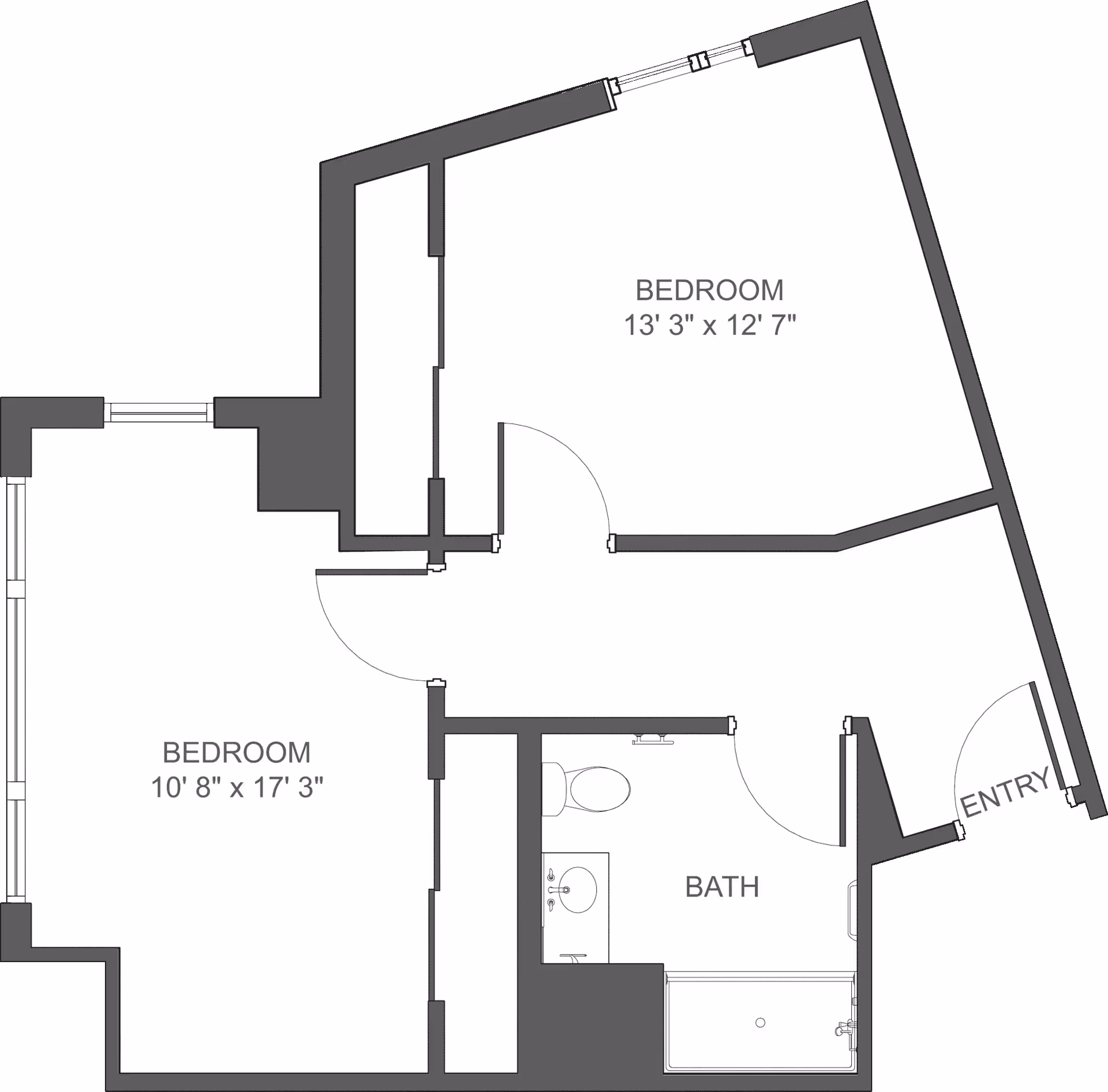 Floor plan of a residential unit at Atria At Foster Square showing two bedrooms, one bathroom, and an entry area. The larger bedroom measures 10 feet 8 inches by 17 feet 3 inches, and the smaller bedroom measures 13 feet 3 inches by 12 feet 7 inches. The bathroom includes a toilet, sink, and bathtub.
