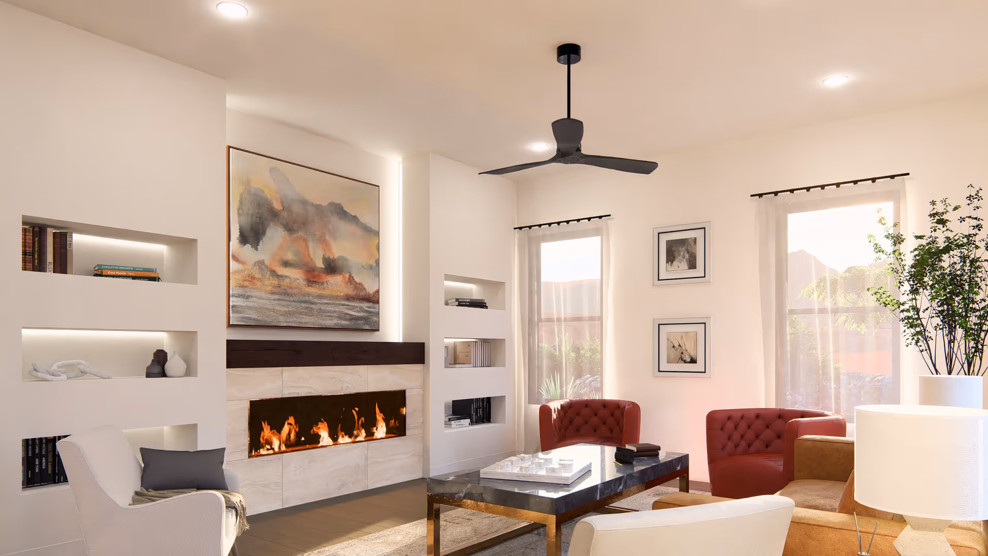 A cozy living room with a modern fireplace, a large abstract painting above it, built-in shelves with books and decor, two red tufted armchairs, a beige armchair, a brown sofa, a black marble coffee table, a ceiling fan, and large windows with sheer curtains letting in natural light.