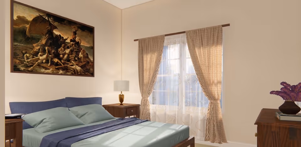 A bedroom with a neatly made bed featuring light green pillows and a blue blanket. There is a wooden nightstand with a lamp on the left side of the bed and a wooden dresser with a vase of purple flowers on the right. A large window with sheer and patterned curtains allows natural light to fill the room. A framed painting depicting a historical scene hangs on the wall above the bed.