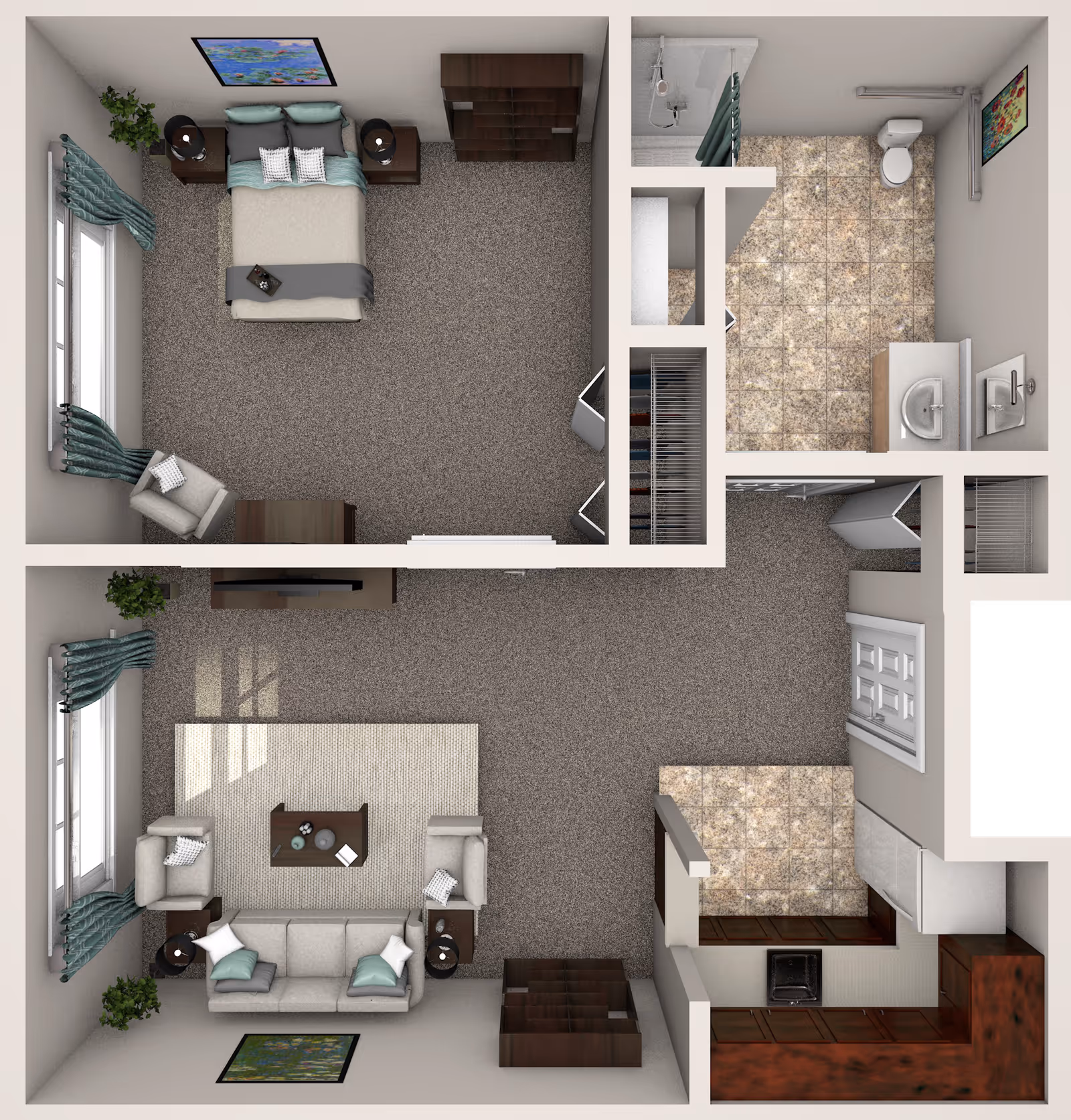 Top-down 3D floor plan of a one-bedroom apartment showing a bedroom, living room, kitchen and bathroom.