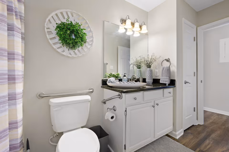 A clean and well-lit bathroom featuring a white toilet with a safety grab bar, a vanity with a black countertop, a large mirror, and decorative plants. A round wall decoration with a green wreath hangs above the toilet. The bathroom has light-colored walls and a striped shower curtain in shades of purple and beige.