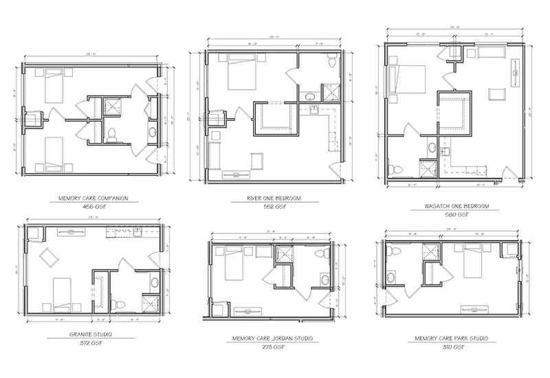 Architectural floor plans showing six different apartment layouts for Riverway Assisted Living and Memory Care, including Memory Care Companion, River One Bedroom, Wasatch One Bedroom, Granite Studio, Memory Care Jordan Studio, and Memory Care Park Studio, each with dimensions and room arrangements.