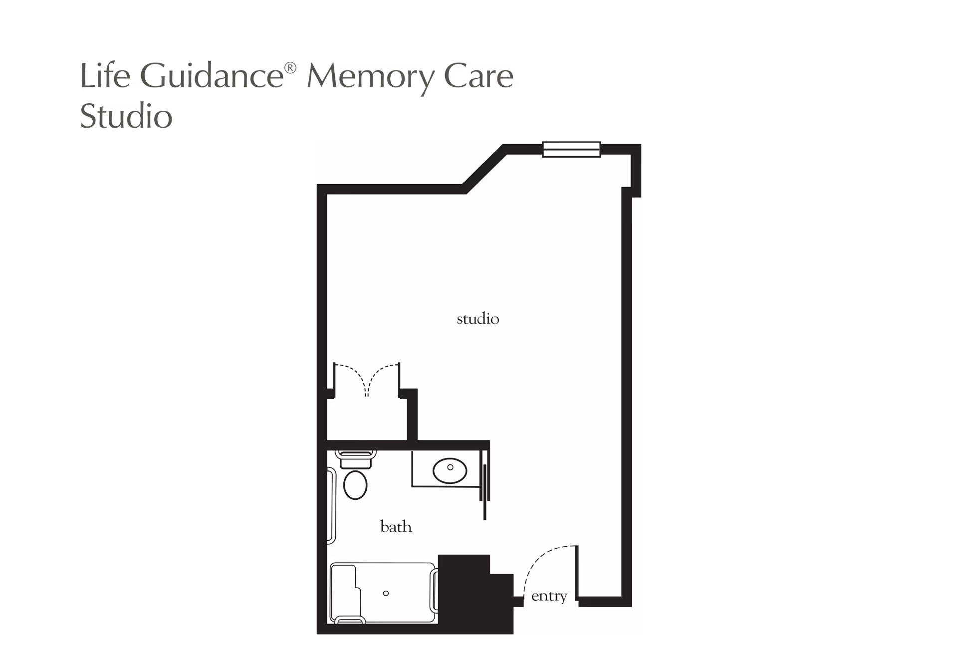 Floor plan labeled "Life Guidance® Memory Care Studio" showing a studio layout with an entry and a bath.