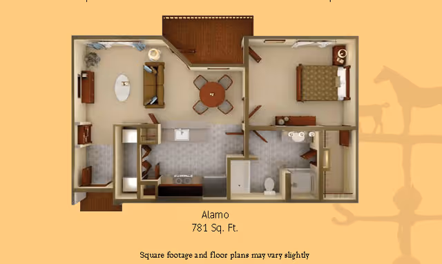 Floor plan of a senior living apartment named Alamo with 781 square feet, showing a living room with sofa and TV, dining area with round table and four chairs, kitchen with appliances, one bedroom with a bed and dresser, and a bathroom with a shower and toilet.