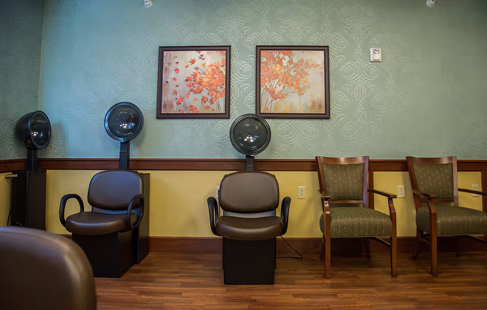 Interior of a salon area with three hair drying chairs with hooded dryers and three wooden chairs with green upholstered seats and backs. Two framed pictures of autumn leaves hang on the green patterned wall above the hair drying chairs. The floor is wooden.