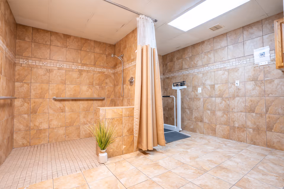 Tiled accessible shower room with a hanging shower curtain, grab bars, a scale, and a small potted plant.