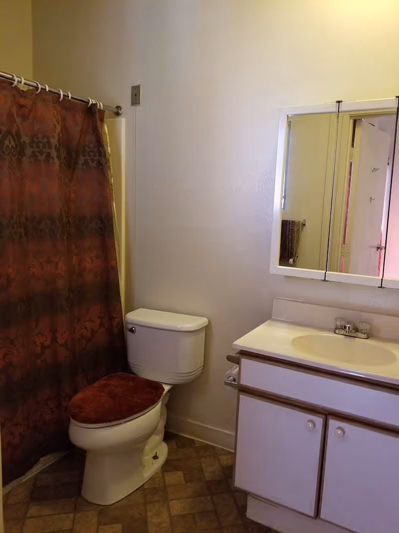 A bathroom with a white toilet that has a red cushioned seat cover, a white sink with a cabinet underneath, a mirror above the sink, and a shower with a red and brown patterned shower curtain.