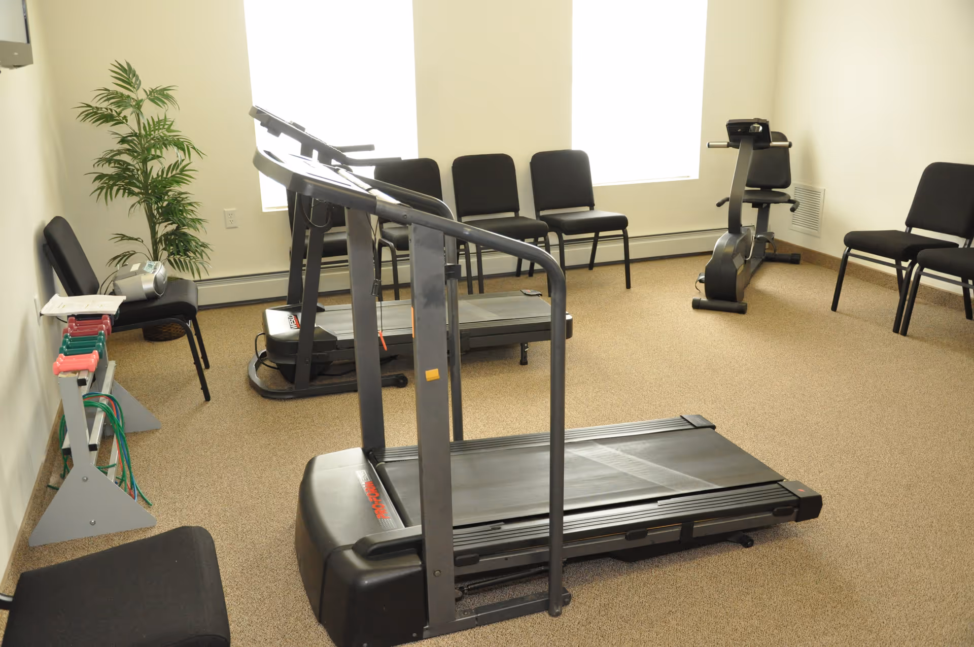 A small exercise room with two treadmills, a stationary bike, several black chairs arranged around the room, a rack of colorful dumbbells, a potted plant, and a small stereo on a chair. The room has beige carpet and two large windows letting in natural light.