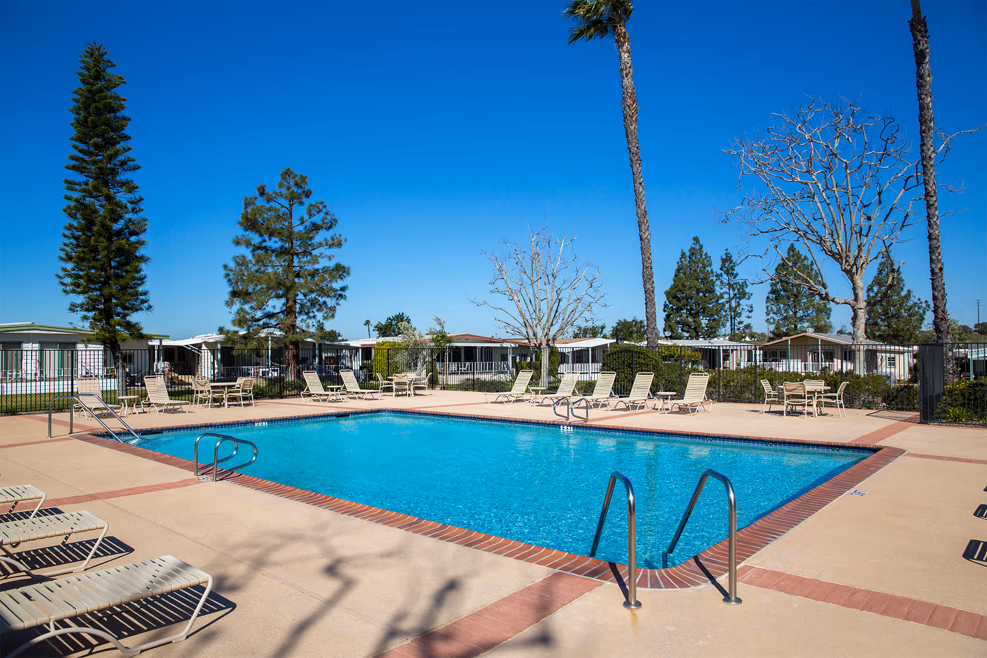 Outdoor swimming pool surrounded by lounge chairs and tables with chairs, set in a senior living mobile home community with trees and mobile homes in the background under a clear blue sky.