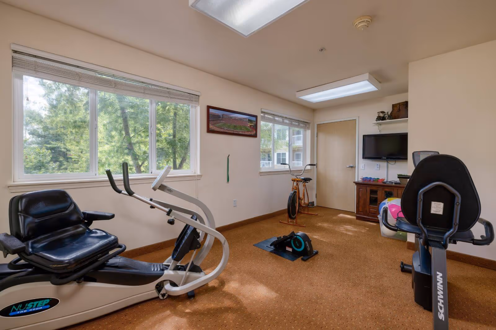 Small indoor exercise room with recumbent and upright stationary bikes, windows, a TV, and other workout equipment.