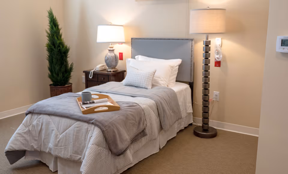 A neatly made single bed with a gray headboard, white and gray bedding, and a small decorative pillow. A wooden tray with a cup and a rolled newspaper rests on the bed. To the left of the bed is a wooden nightstand with a lamp and a telephone. A tall green plant in a pot is placed in the corner. To the right of the bed is a modern floor lamp and a thermostat on the wall. The room has beige walls and carpeted floor.