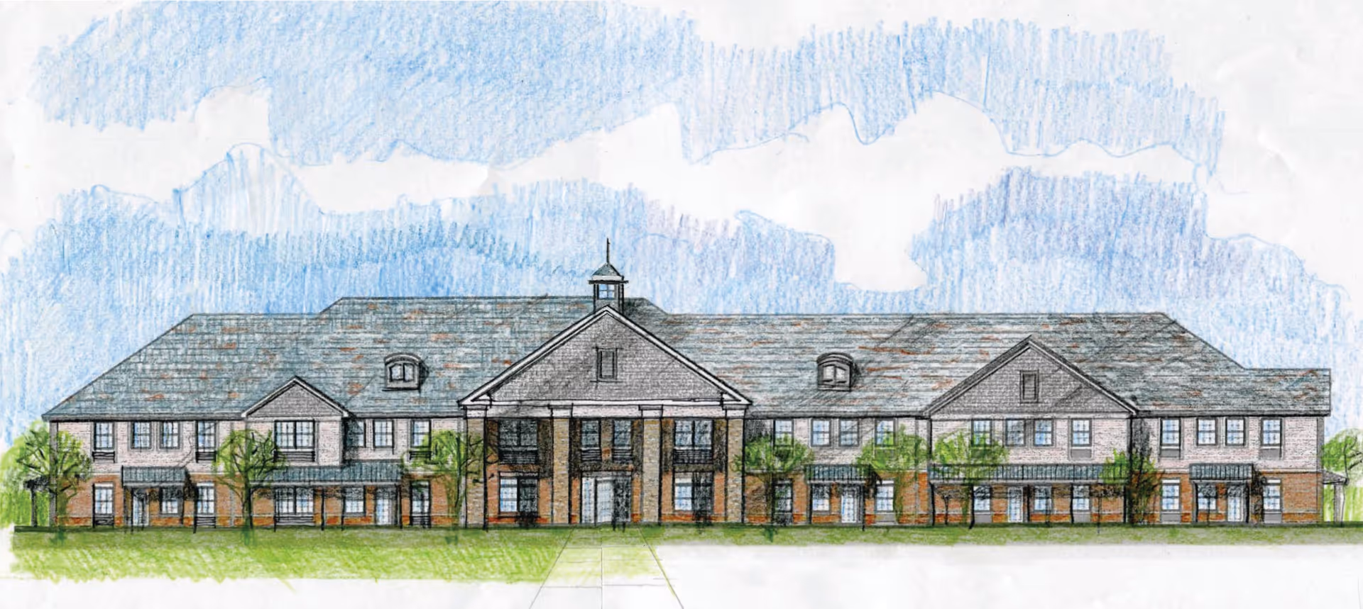 Architectural drawing of a two-story senior living facility building with a large central entrance featuring columns, multiple windows, and a pitched roof under a partly cloudy sky.