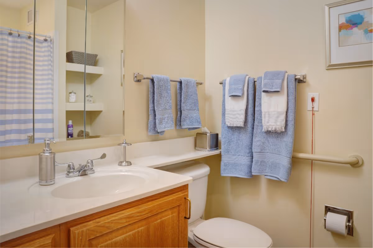 A clean bathroom with a white sink and wooden cabinet, a toilet, and two towel racks holding blue and white towels. There is a large mirror above the sink, a striped shower curtain, and a grab bar next to the toilet. A framed abstract painting hangs on the wall.
