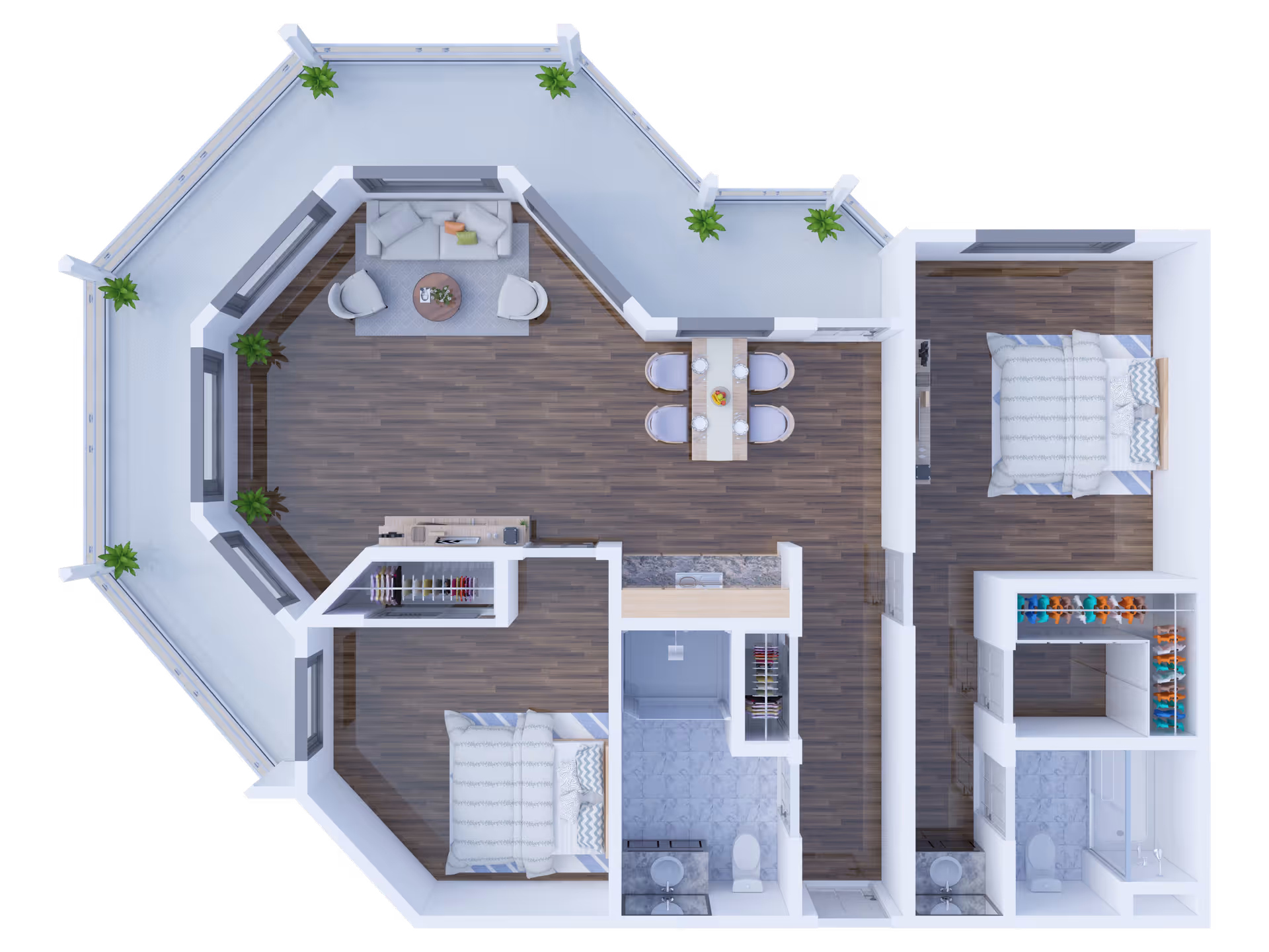 Top-down view of a senior living apartment floor plan featuring two bedrooms, two bathrooms, a living room with seating and plants, a dining area with a table and four chairs, and a kitchen area. The living room has large windows and access to a balcony with plants.