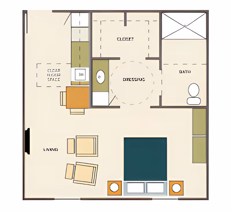 Top-down floor plan of a studio apartment showing a bed, seating area, kitchenette, bathroom, and closets.