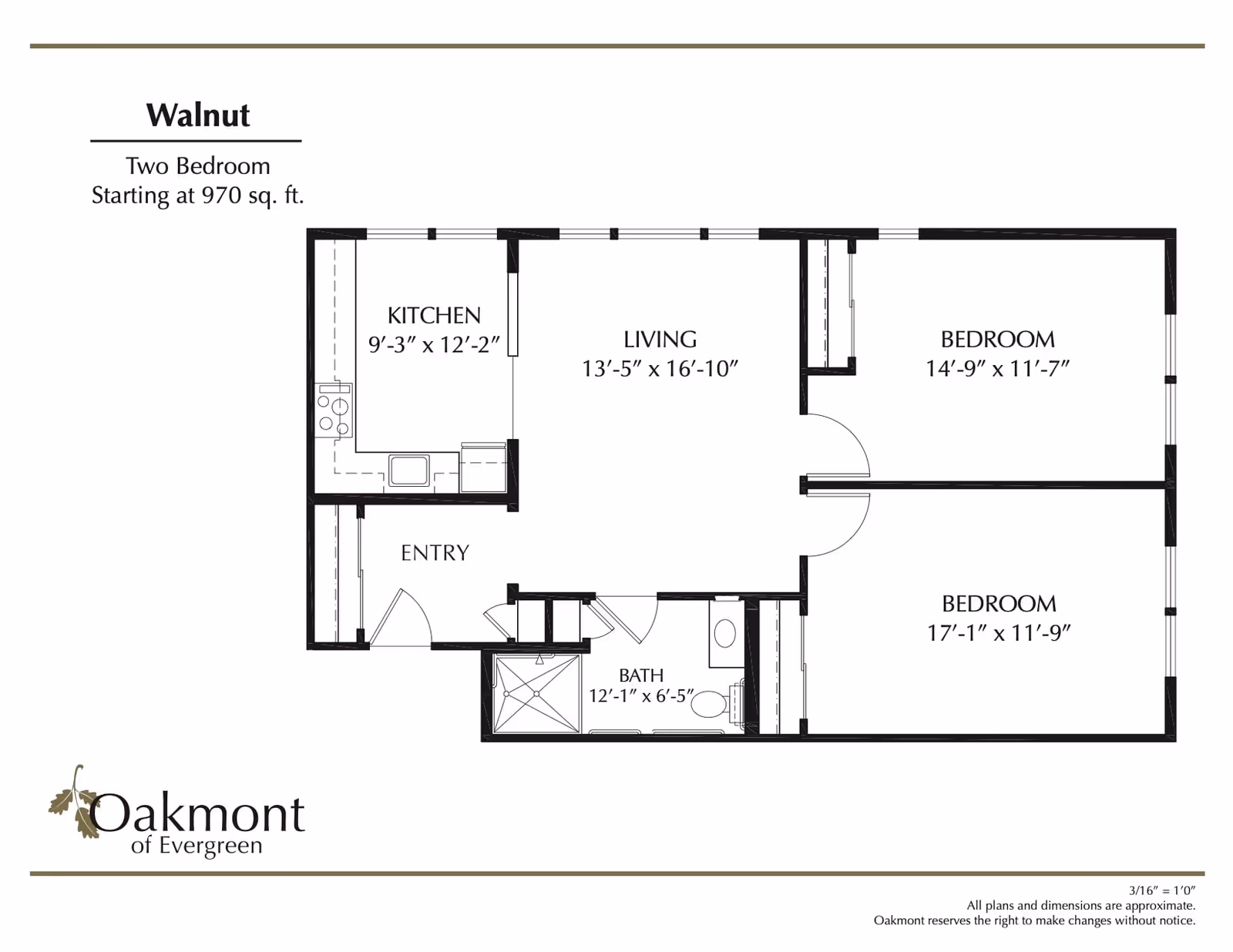 Floor plan titled 'Walnut' showing a two-bedroom apartment layout with labeled kitchen, living room, bath and room dimensions.