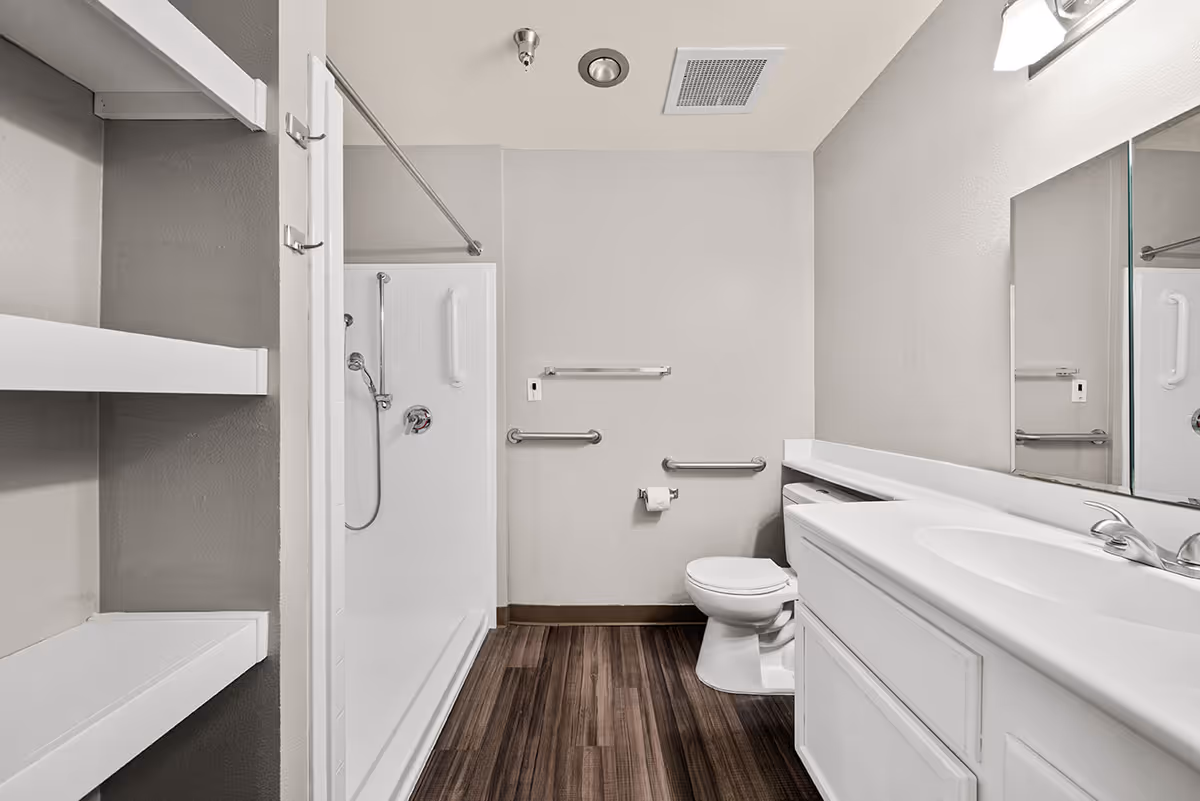 A clean, modern bathroom with a white sink and vanity on the right, a toilet next to it, and a walk-in shower with grab bars on the left. The floor has dark wood-style flooring, and there are white shelves on the left wall. The walls are painted light gray.