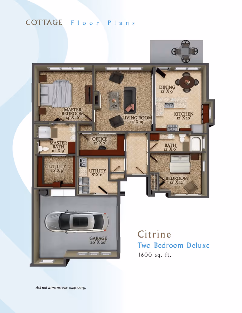 Floor plan of a two-bedroom deluxe cottage named Citrine, showing a master bedroom with attached master bath, a second bedroom, a living room, dining area, kitchen, office, two utility rooms, a bathroom, and a garage with a car parked inside. Dimensions for each room are labeled.