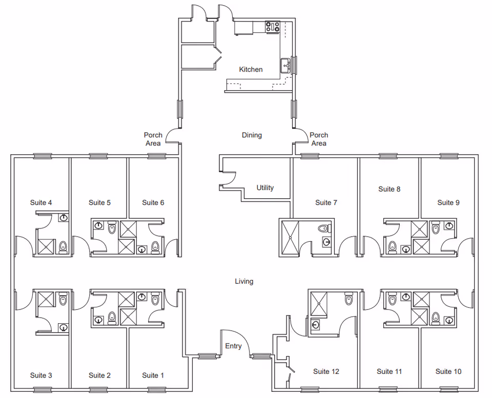 Architectural floor plan of Silver Leaf Assisted Living & Memory Care facility showing 12 suites each with a bathroom, a central living area, dining area, kitchen, utility room, entry, and porch areas.