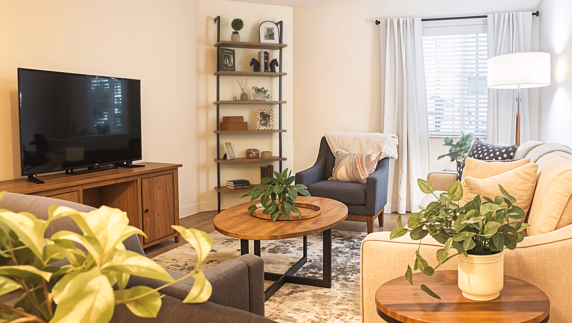 A cozy living room with a beige sofa, a gray armchair, a wooden coffee table, and a TV on a wooden stand. There are several green plants on the tables and shelves, a tall floor lamp, and a window with white curtains letting in natural light.