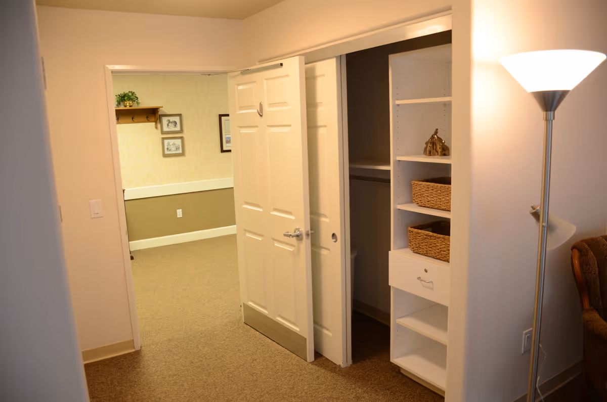 Open closet with built-in shelves beside a partially open white door and a floor lamp in a carpeted interior space.