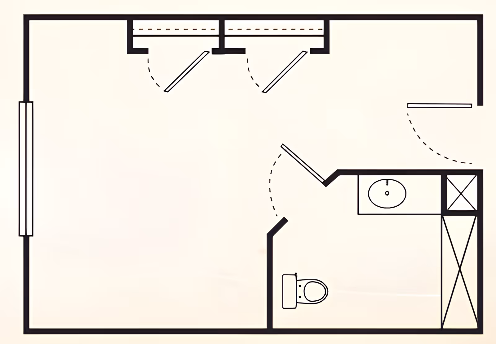 Architectural floor plan of a senior residence unit showing a main room with two closets, a bathroom with a toilet, sink, and shower, and an entry door.