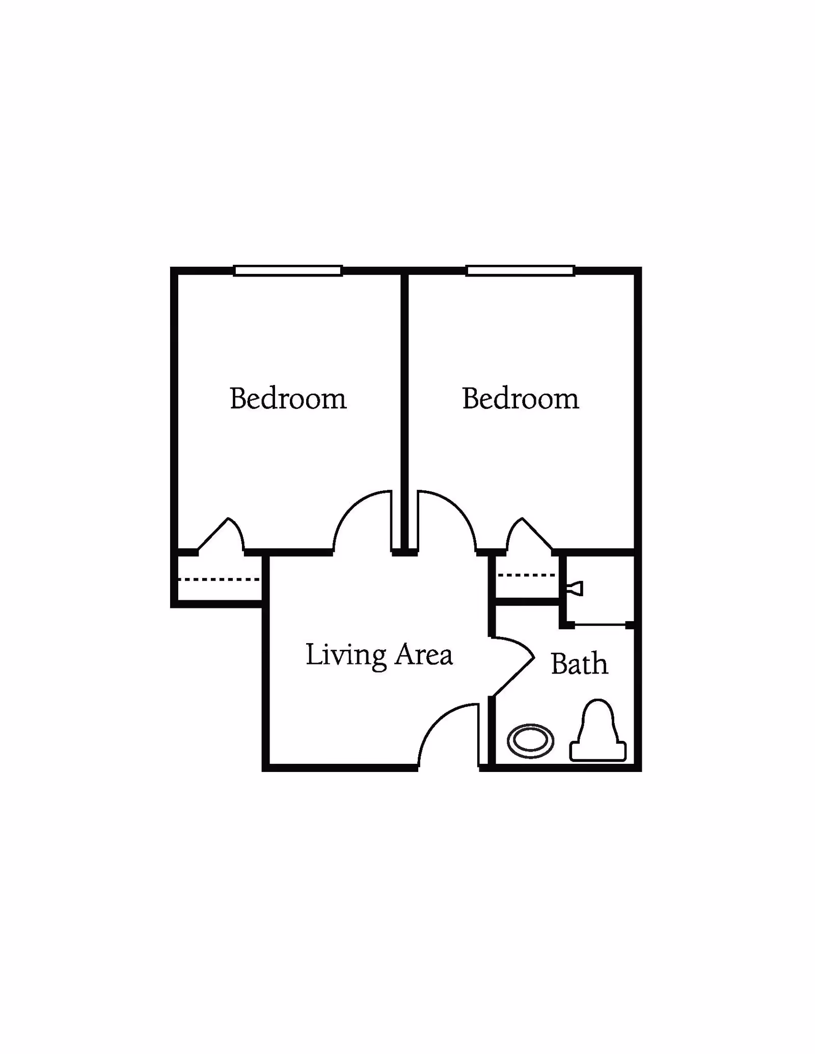 Black and white floor plan showing two bedrooms, a living area, and a bathroom with a toilet and sink.