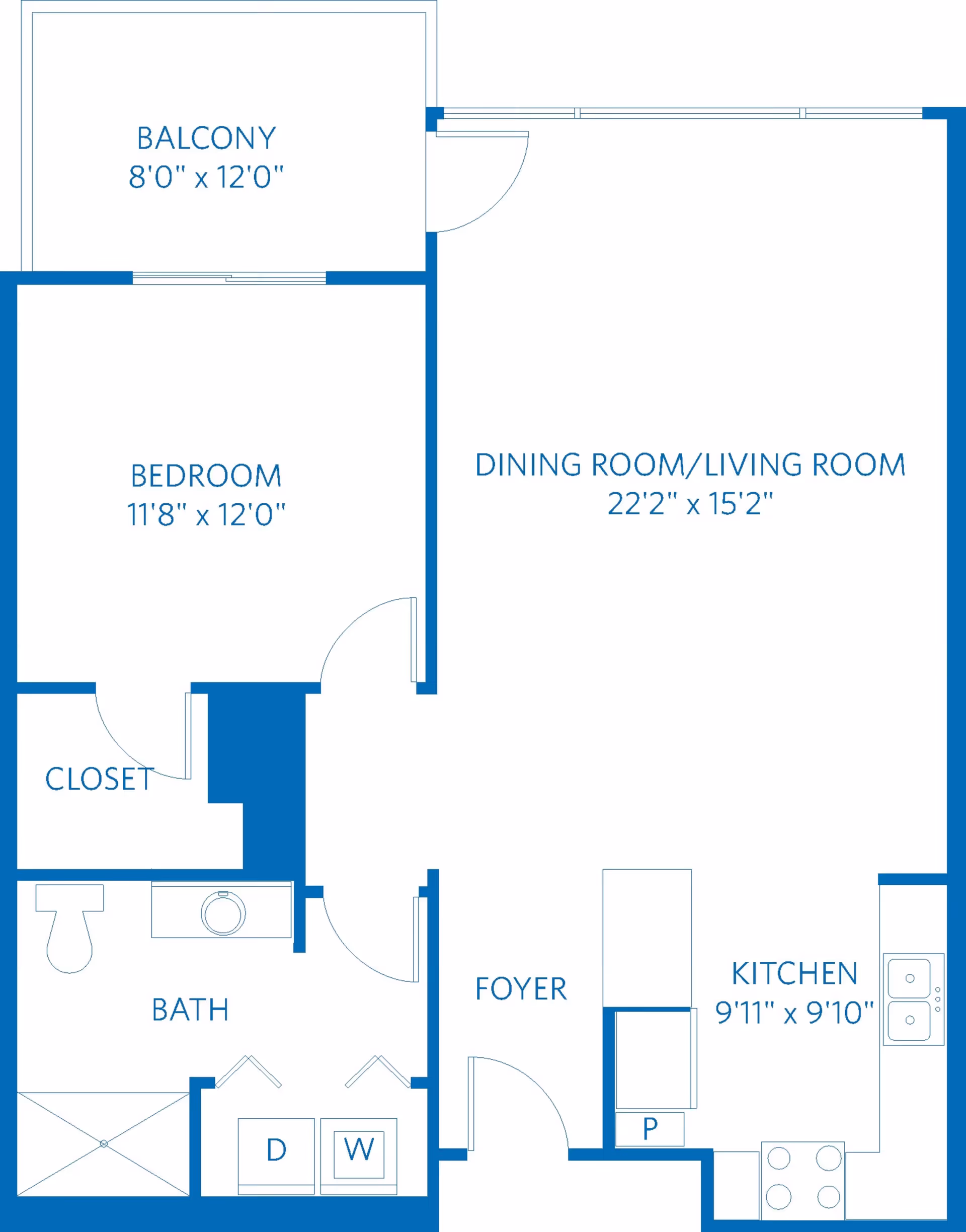 Floor plan of an apartment at Vi at Grayhawk showing a balcony, bedroom with closet, bathroom, dining room/living room, foyer, kitchen, and laundry area with washer and dryer.