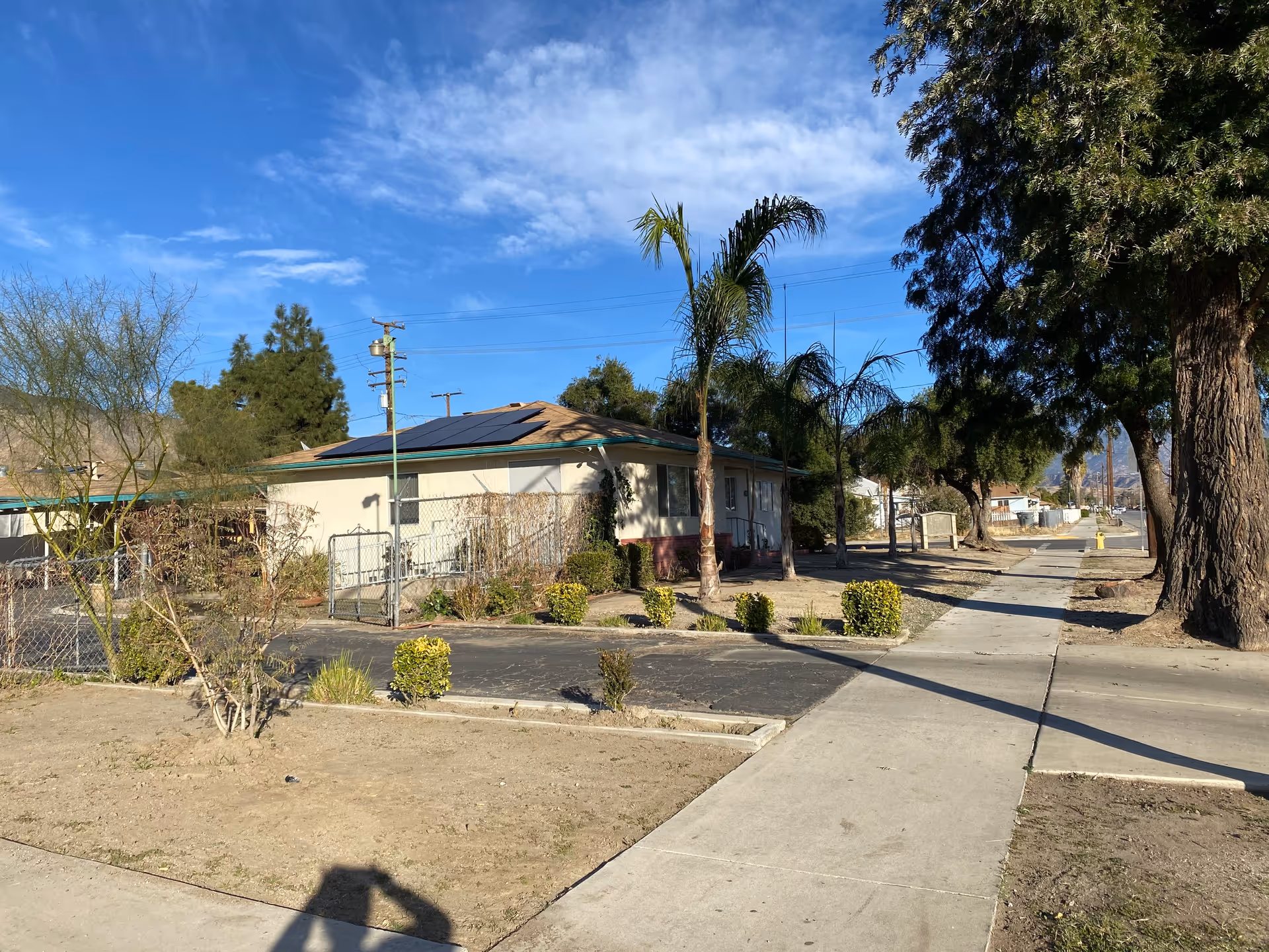 Exterior view of a single-story building with a brown roof and solar panels, surrounded by a few small bushes and palm trees. The building is adjacent to a sidewalk and a street lined with large trees under a blue sky with some clouds.