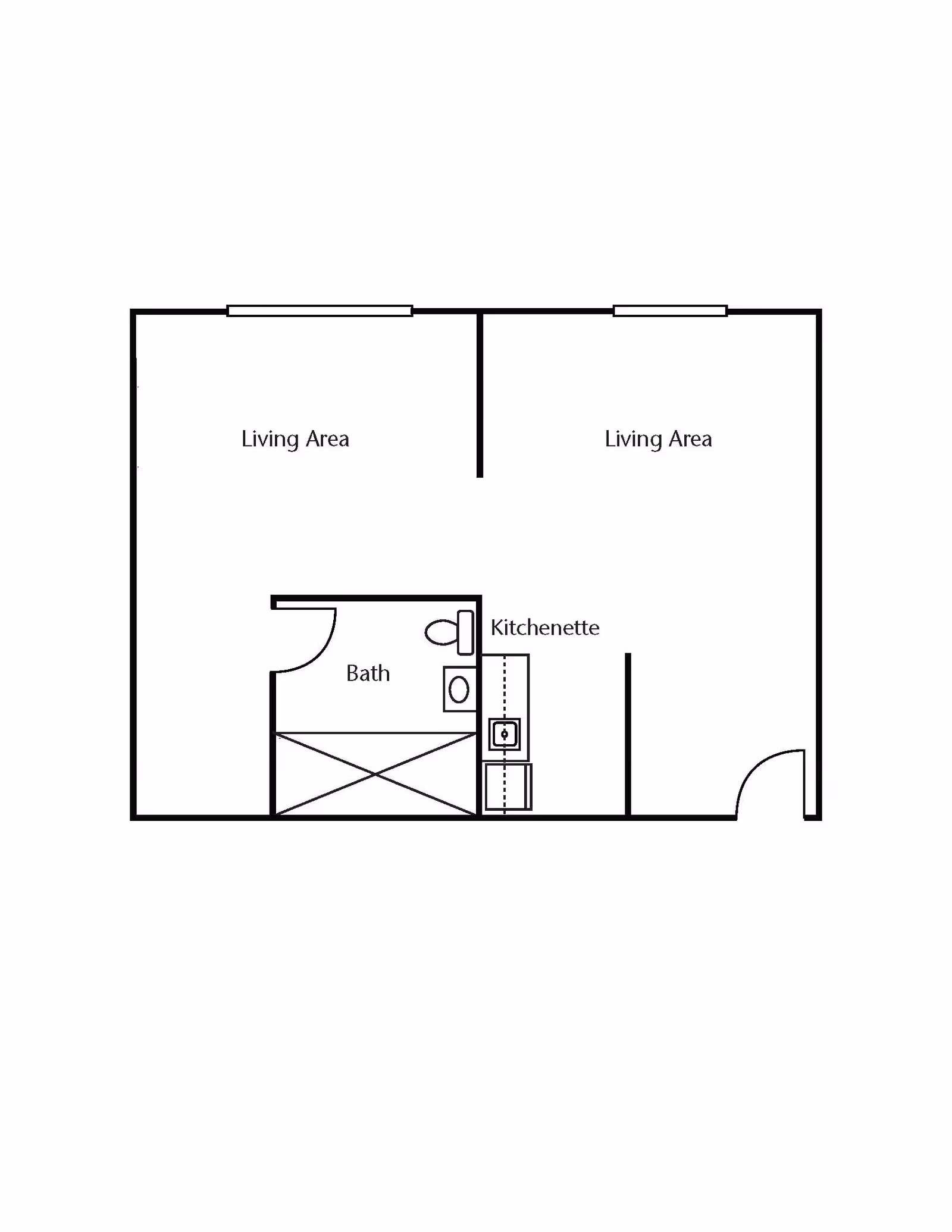 Architectural floor plan showing two living areas, a bath, and a kitchenette.